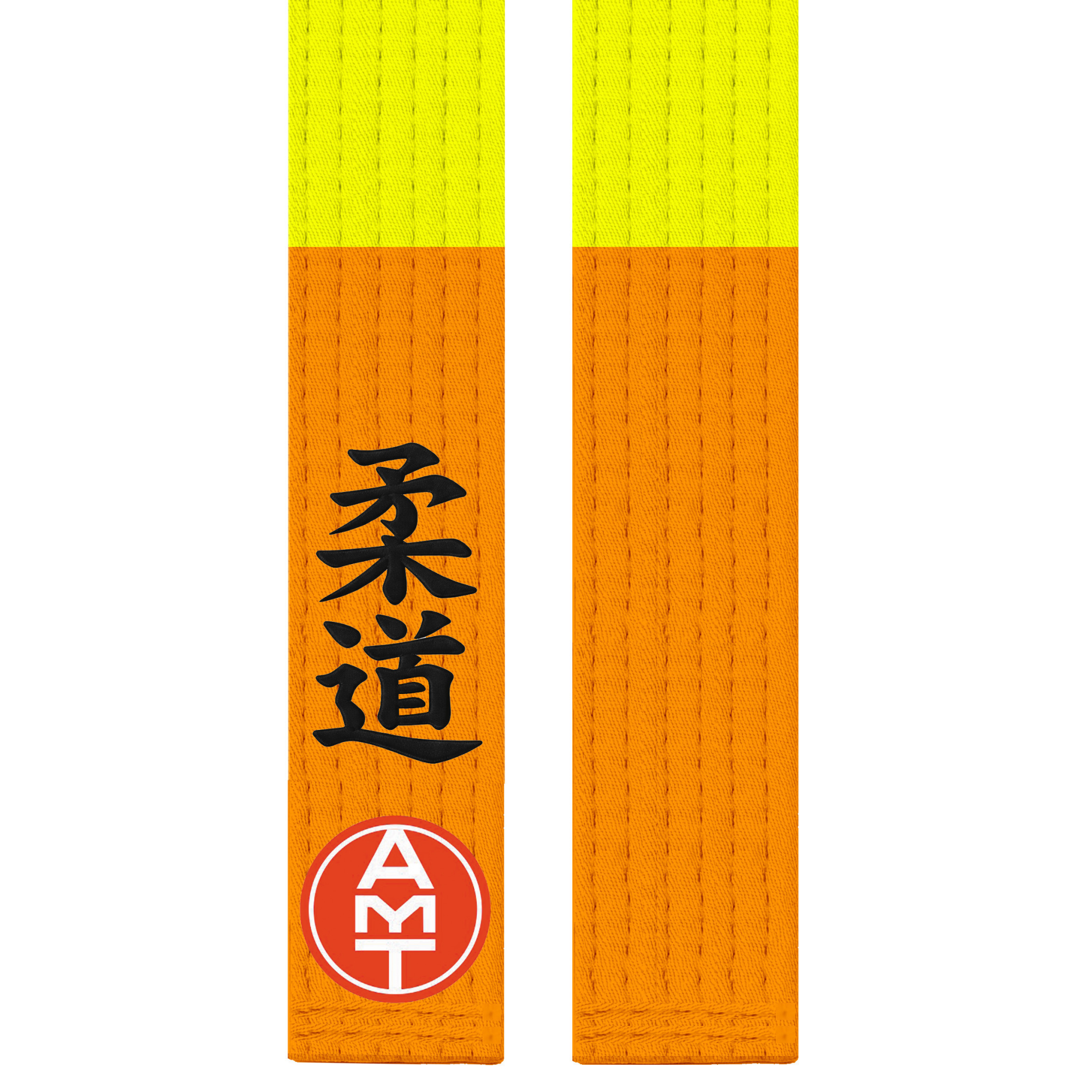 FAIXA DE JUDÔ AMARELA PONTA LARANJA LINHA PREMIUM BORDADO KANJI