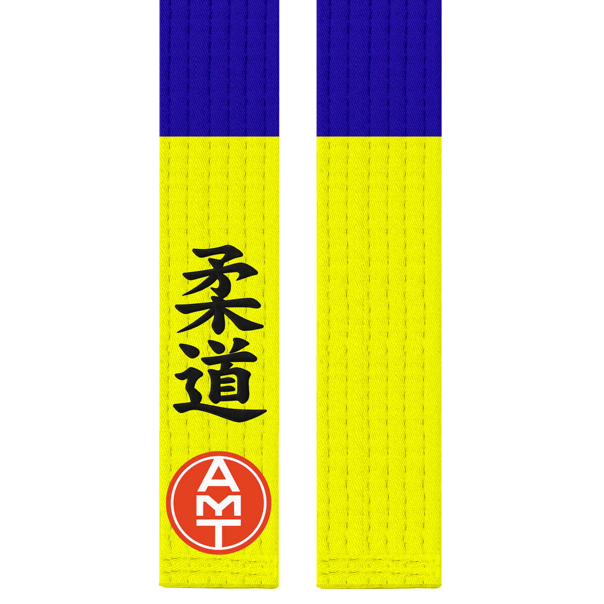 FAIXA DE JUDÔ AZUL ESCURA PONTA AMARELA LINHA PREMIUM BORDADO KANJI