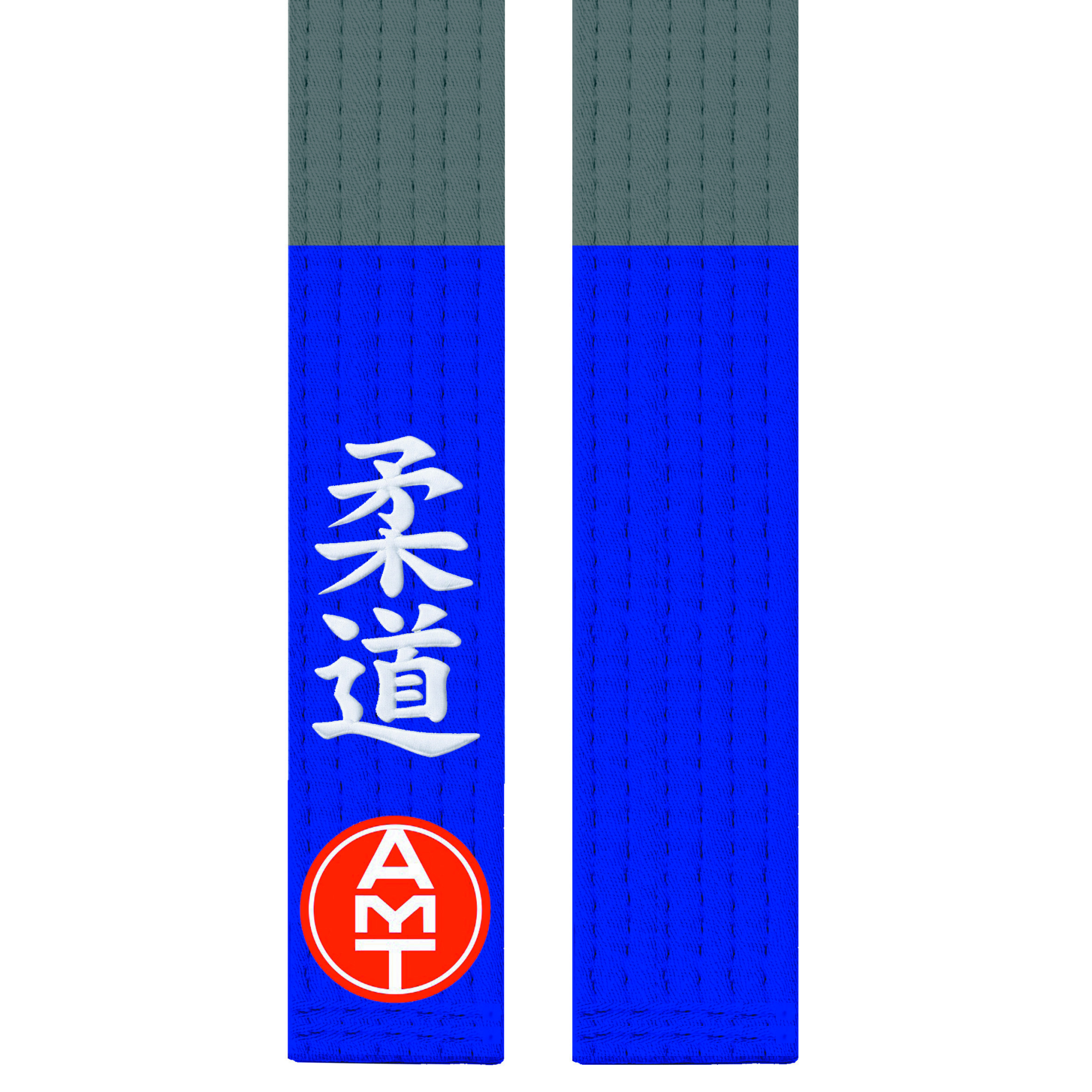 FAIXA DE JUDÔ CINZA PONTA AZUL ESCURA LINHA PREMIUM BORDADO KANJI
