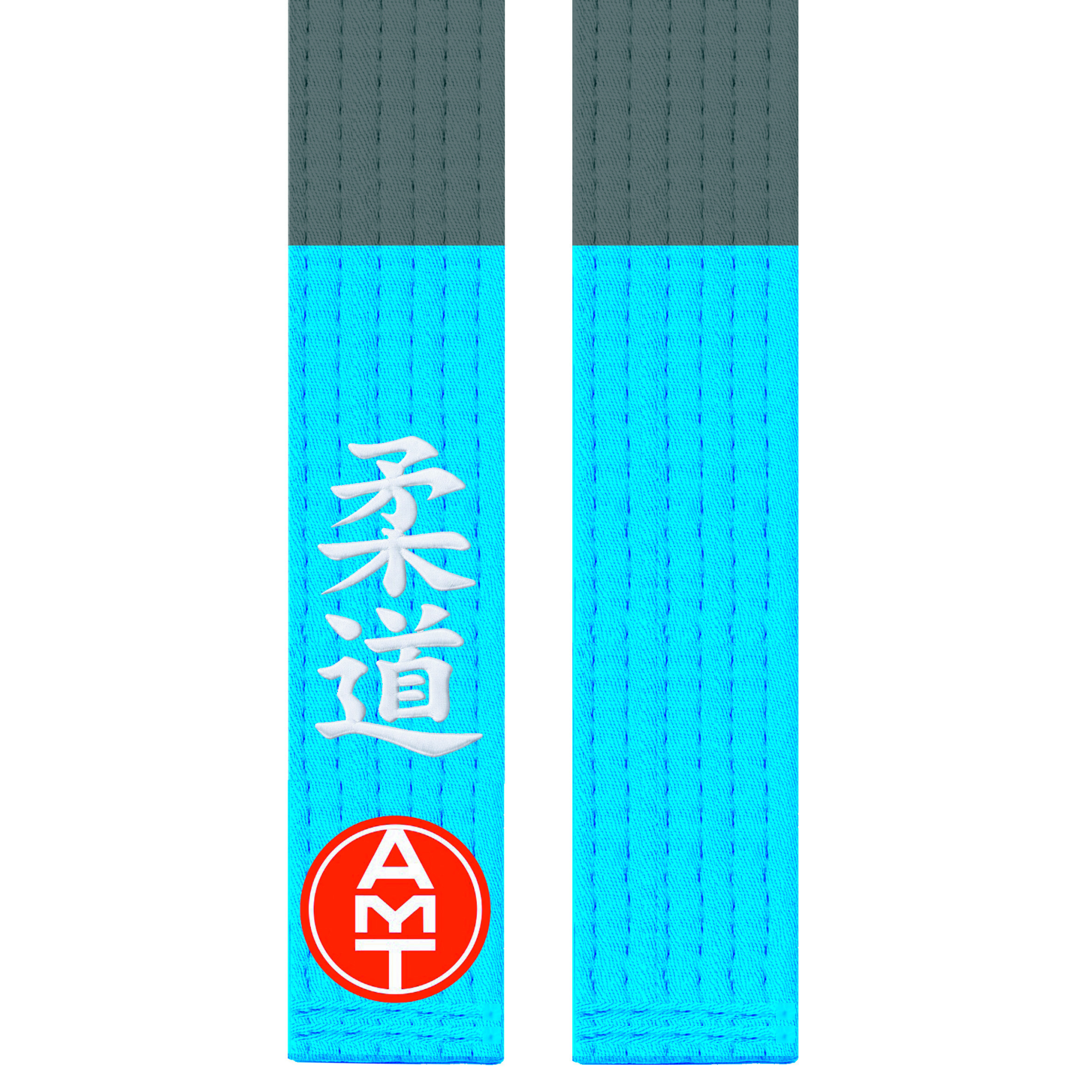 FAIXA DE JUDÔ CINZA PONTA AZUL CLARA LINHA PREMIUM BORDADO KANJI