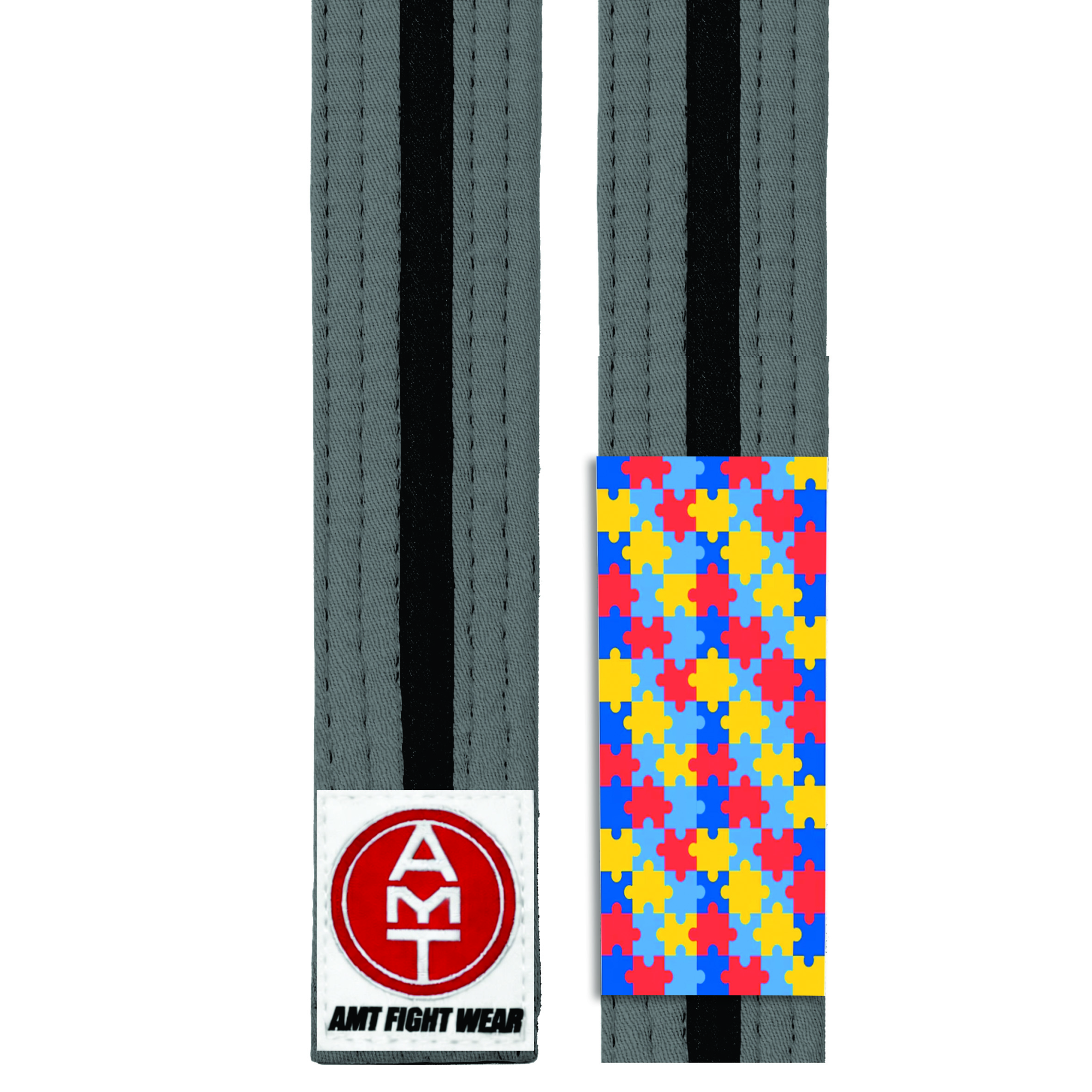 FAIXA DE JIU-JITSU CINZA COM PRETO PONTEIRA AUTISMO - LINHA TRAINING